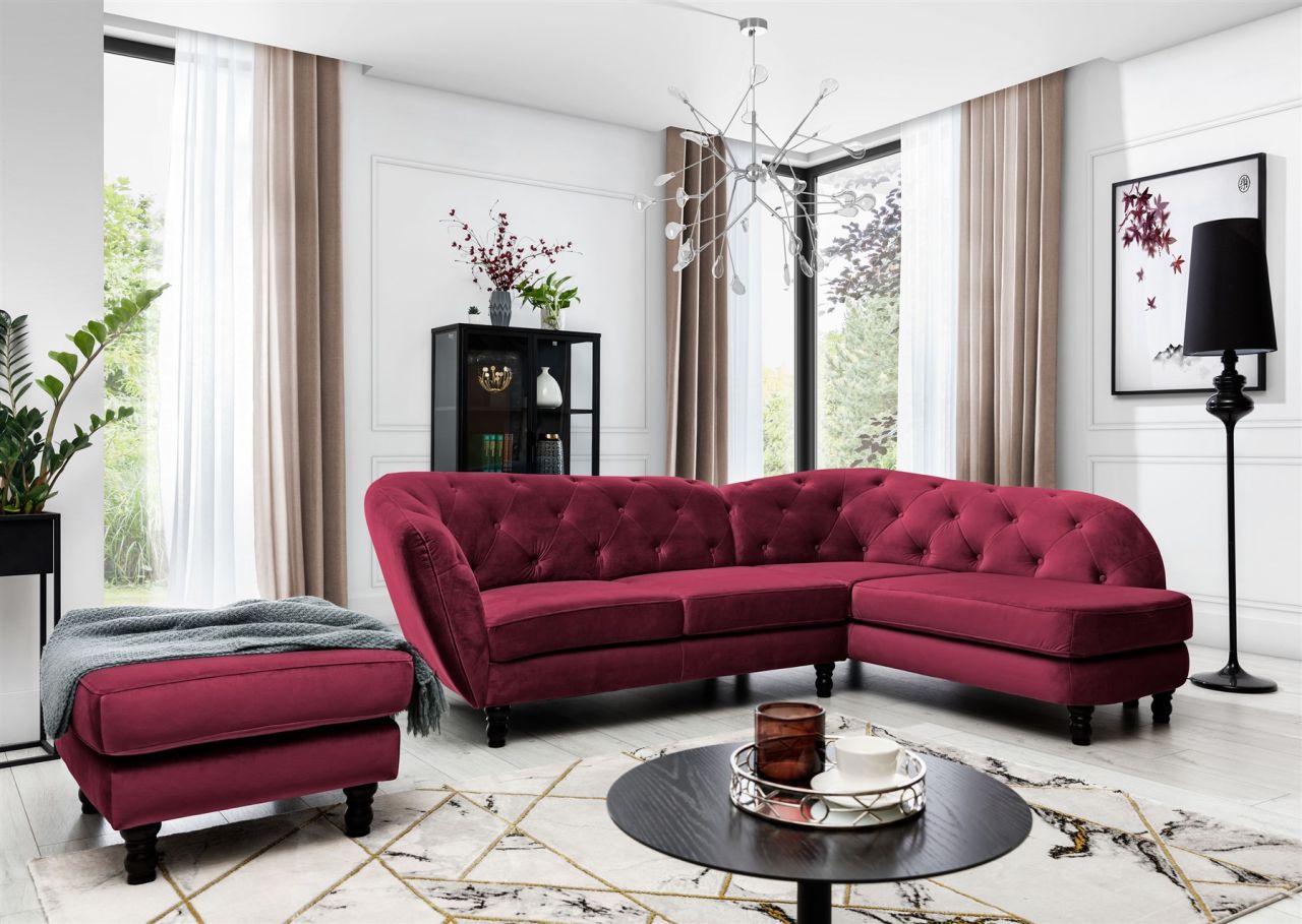 Ecksofa inkl.Hocker CHARLOTTE in Stoff Matt Velvet Bordeaux Ottomane Rechts