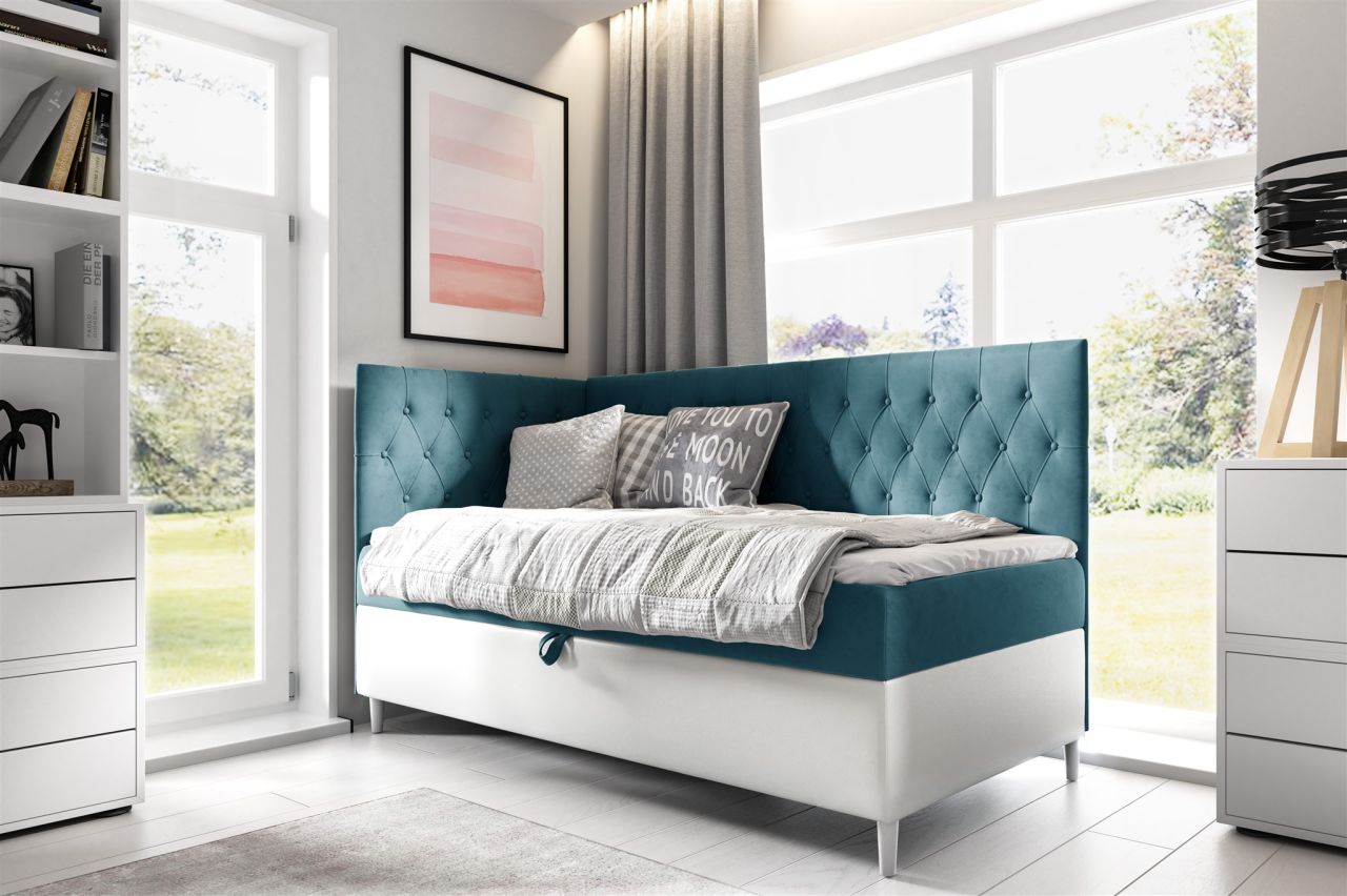 Boxspringbett Gästebett Kinderbett FINJA Nr.3 80x200cm Weiss-Türkis Seite Links