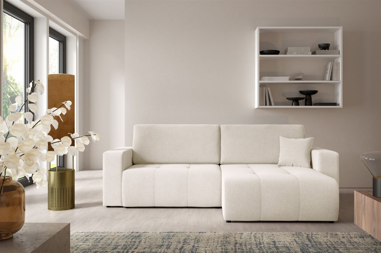 Ecksofa Sofa mit Schlaffunktion AUGUSTO in Stoff Wind Creme Ottomane Rechts