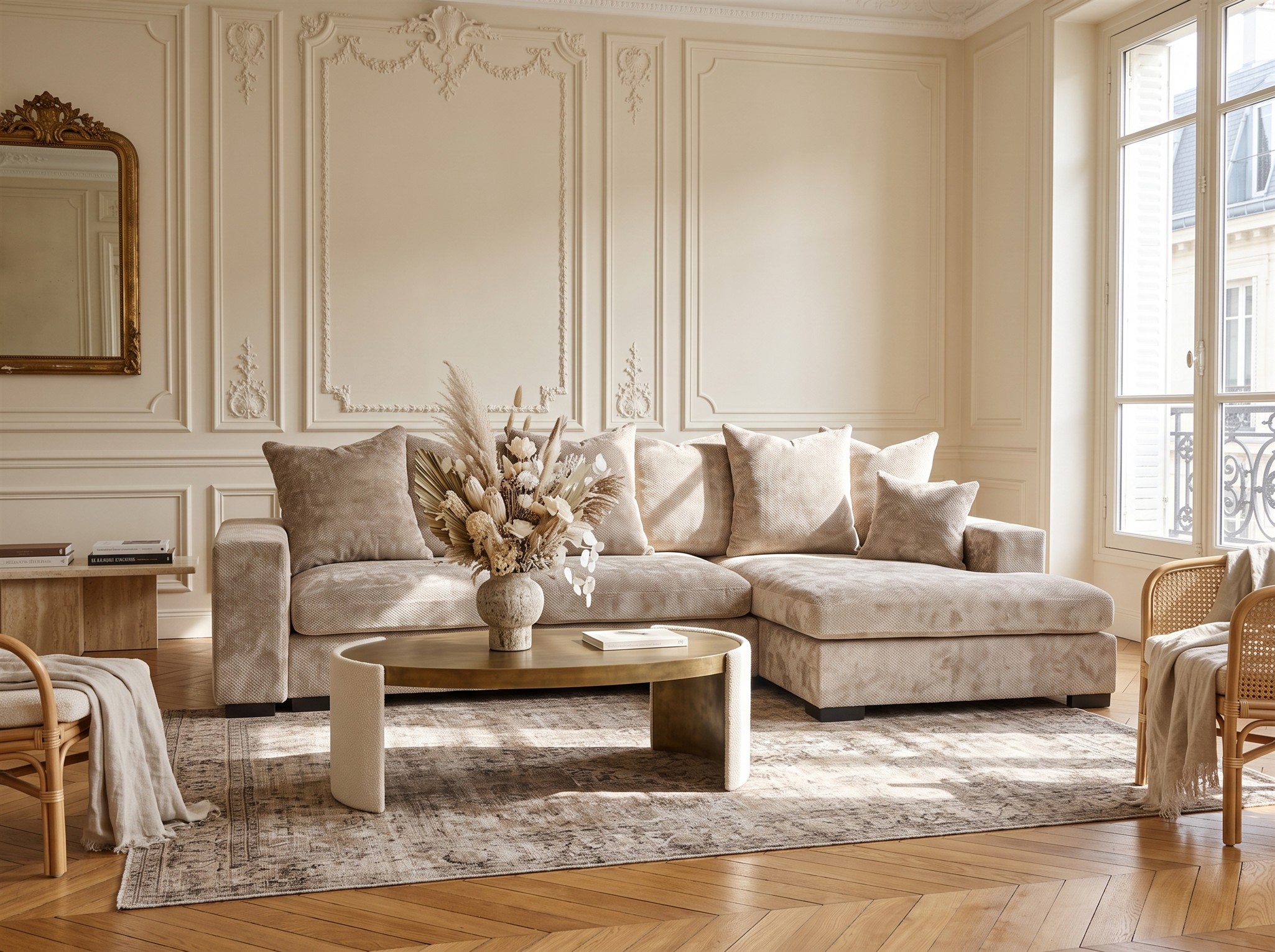 Ecksofa mit Schlaffunktion BENICIO Sofa in Stoff Flow Beige Ottomane Rechts | Ottomane: Rechts | Ecksofas mit Schlaffunktion | Polstermöbel