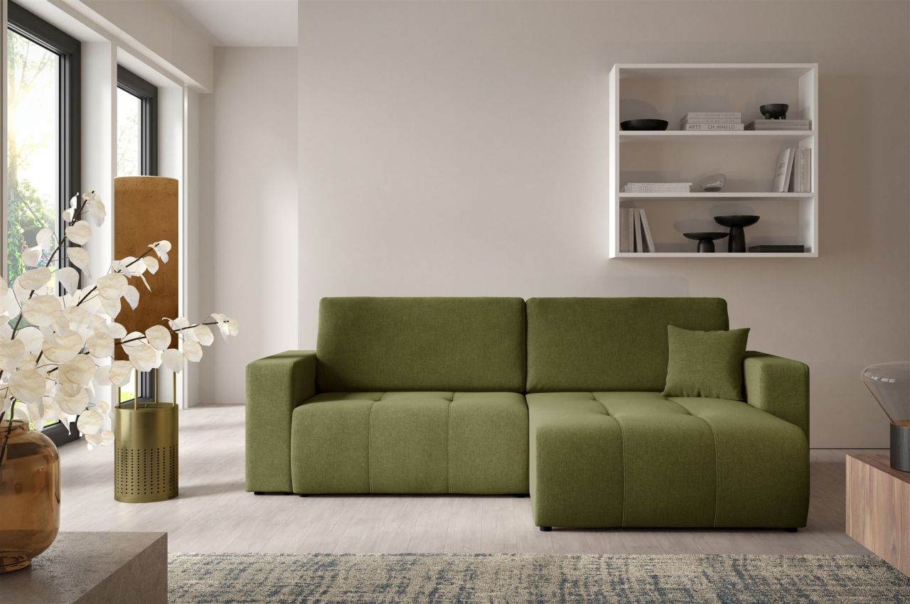 Ecksofa Sofa mit Schlaffunktion AUGUSTO in Stoff Wind Grün Ottomane Rechts