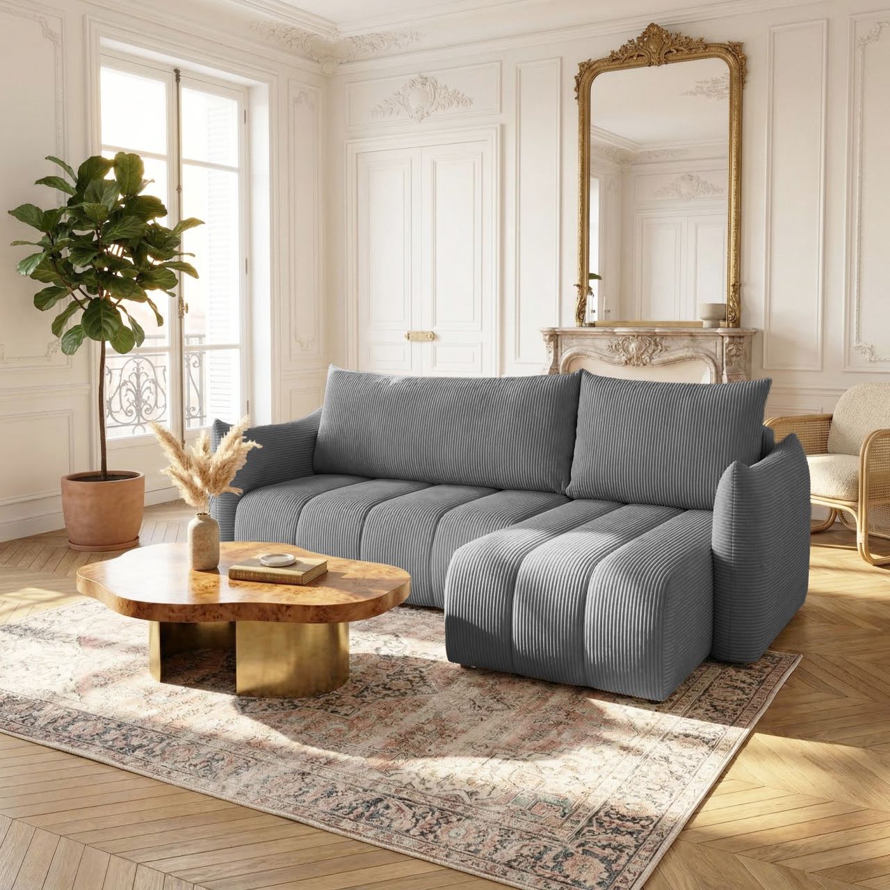 Ecksofa Schlafsofa ONTARIO XS in Stoff Poso Grau Ottomane Rechts