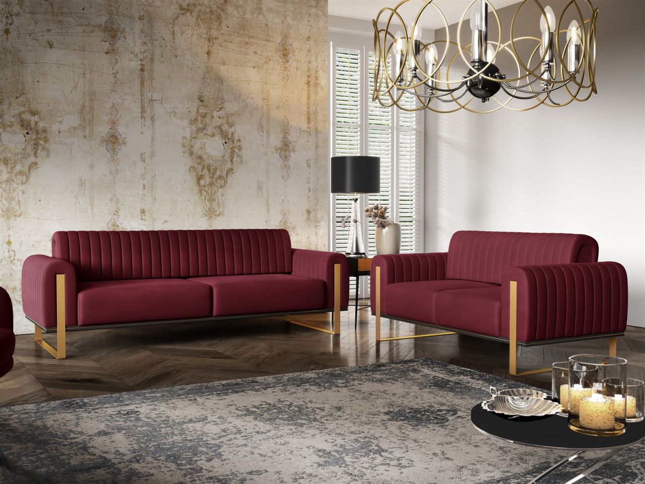 Sofaset ersofas VALERIE 3-2 in Stoff Stoff Elisa Velvet Bordeauxrot