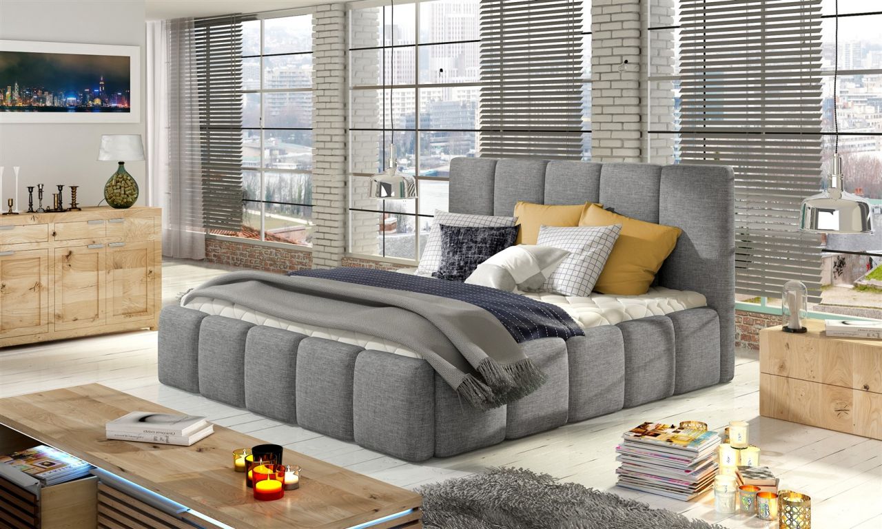 OUTLET Polsterbett Doppelbett VERONA Polyesterstoff Hellgrau 160x200cm