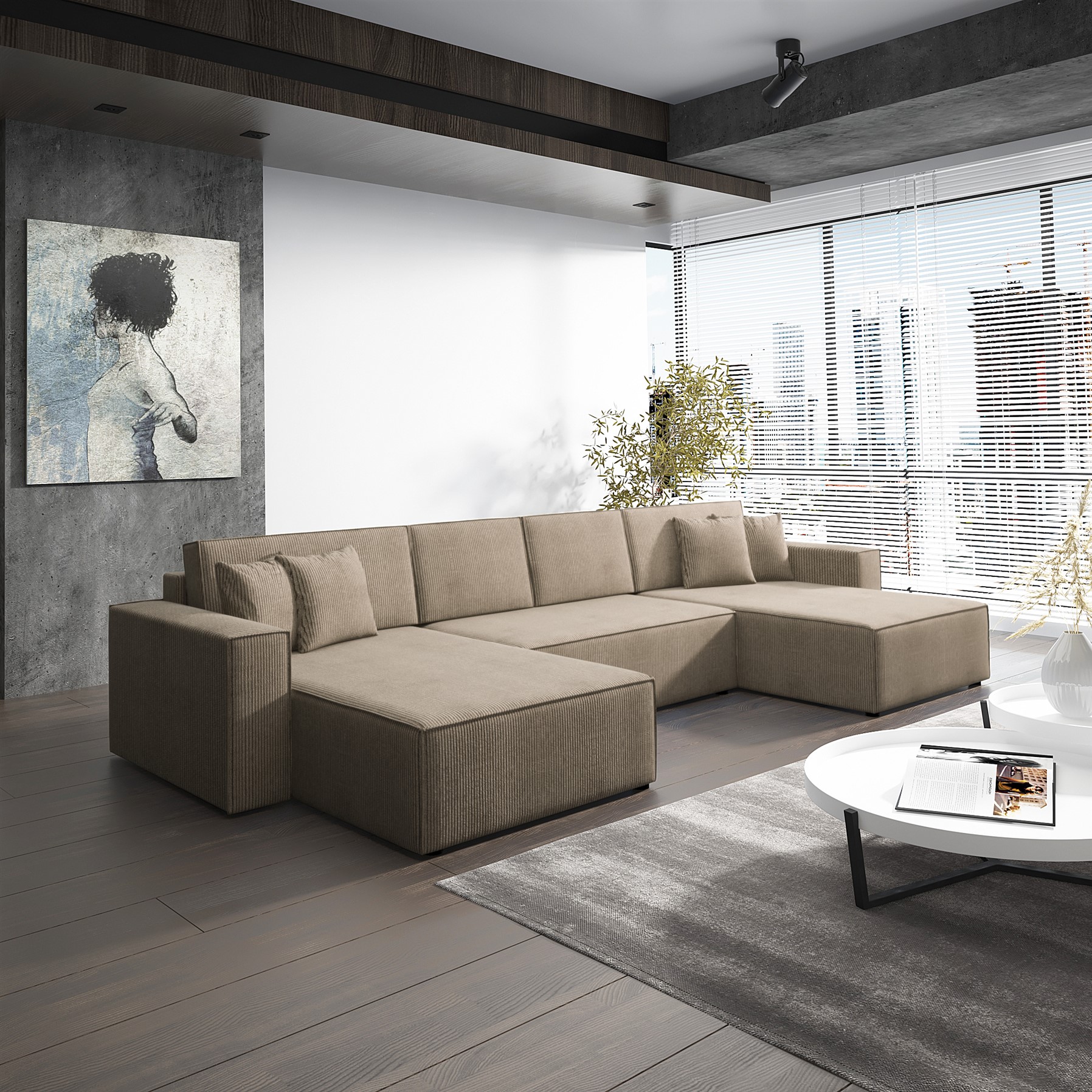 Wohnlandschaft Schlafsofa Sofa CONOR Stoff Poso Dunkelbeige | Wohnlandschaft mit Schlaffunktion | Serie-CONOR | Polstermöbel-Serie