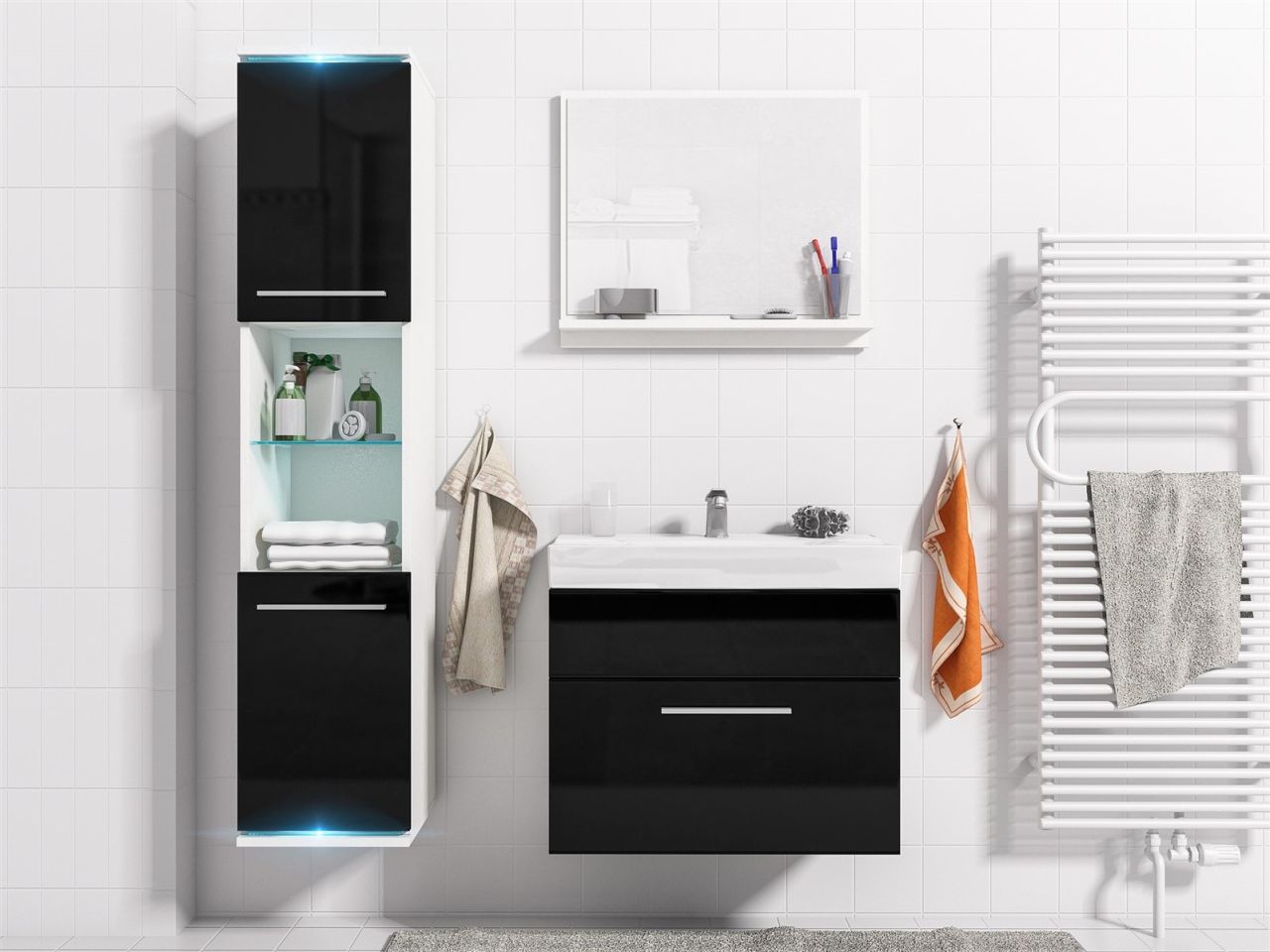 Badmöbel Set 4-Tlg Weiss / Schwarz HGL TOPI inkl.Waschtisch inkl.LED