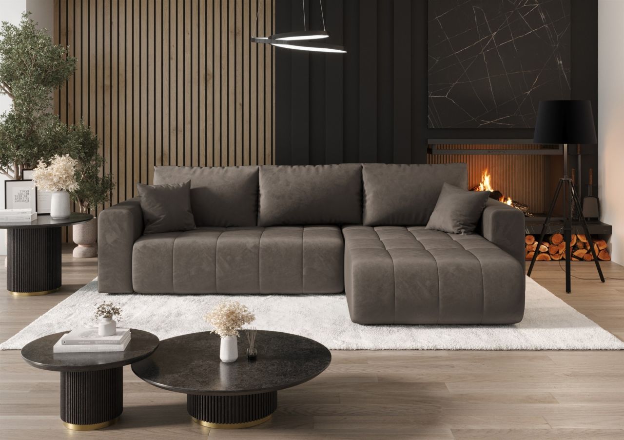 OUTLET Ecksofa Schlafsofa CAMILA Stoff Monolith Schokobraun Ottomane Rechts