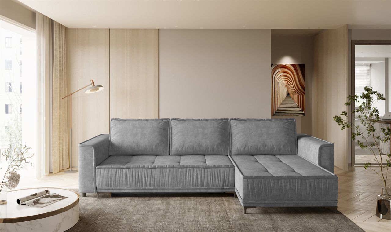 Ecksofa Schlafsofa Sofa JUNA Stoff Terra Grau Ottomane Rechts