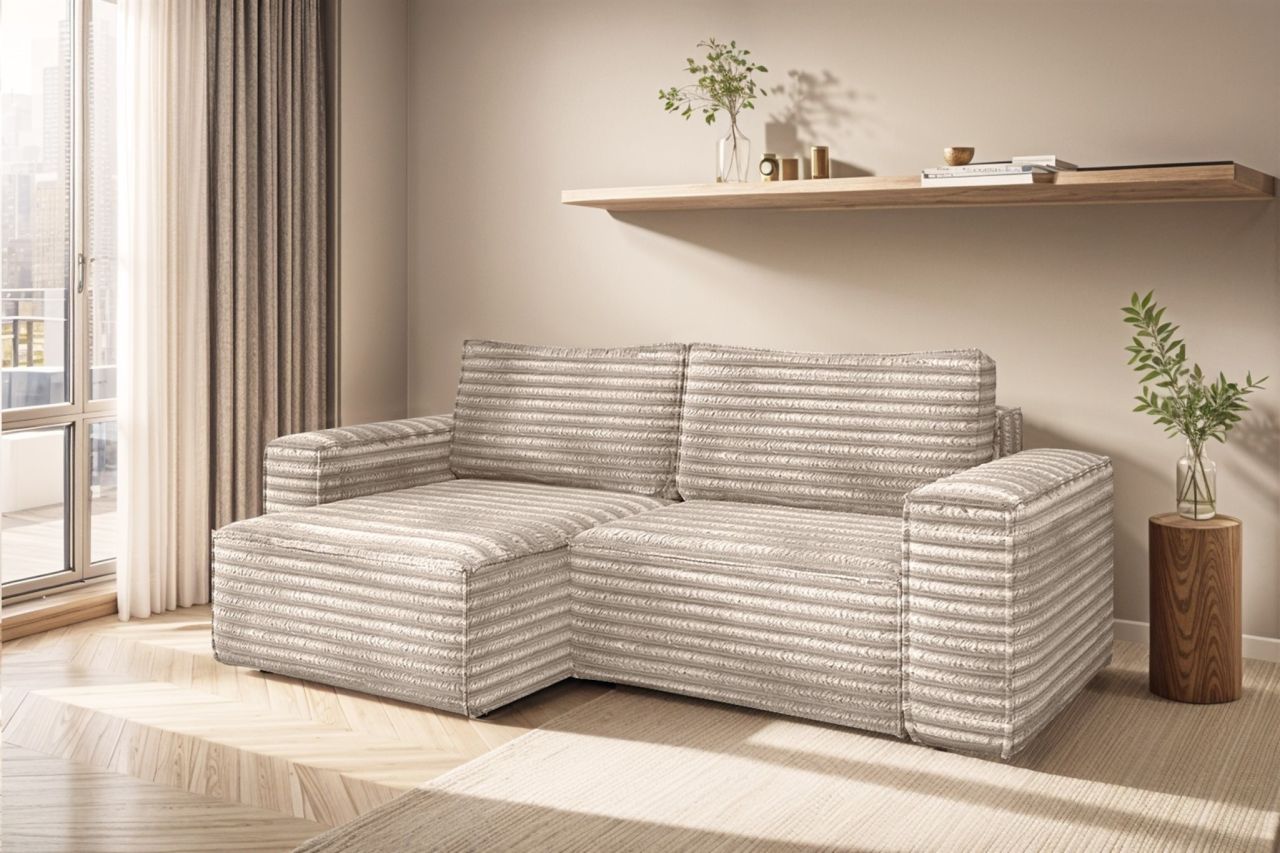 Ecksofa Schlafsofa MADLEN Stoff Velo Beige Ottomane Links