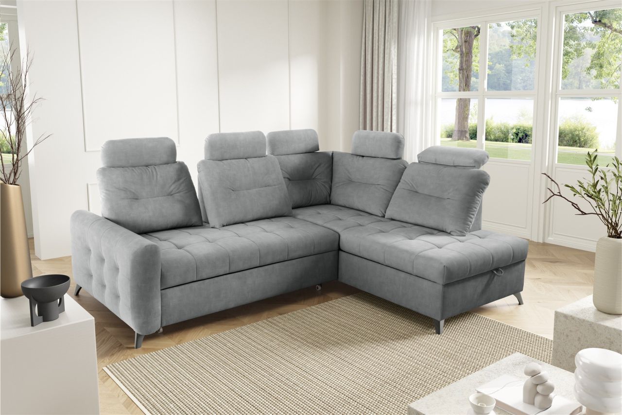 Ecksofa Schlafsofa Sofa WENDIE Stoff Hold Me Grau Ottomane Rechts