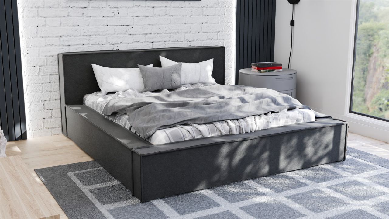 Polsterbett Doppelbett ALDANA 140x200cm Komplettset in Stoff Freya Schwarz