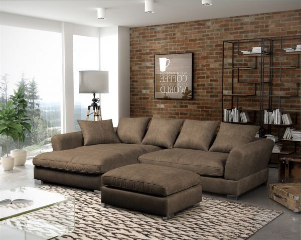 Couchgarnitur TIZIAN L-Form Wildlederoptik- Cappuccino/ Links + Hocker