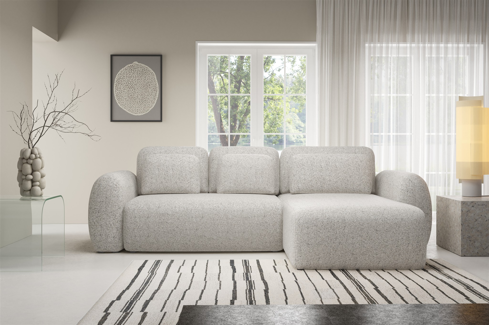 Ecksofa Schlafsofa Sofa GASTON in Stoff Puente Beige Ottomane Rechts ...