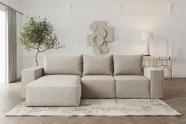Ecksofa Sofa mit Schlaffunktion ESTELLE in Stoff Poso Beige Ottomane Links | Ecksofa mit Schlaffunktion | Serie-ESTELLE | Polstermöbel-Serie