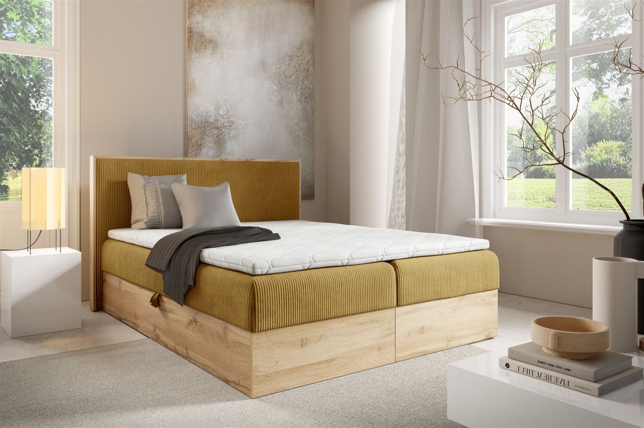 Boxspringbett Schlafzimmerbett ROLAND 120x220cm in Stoff Lincoln Honiggelb