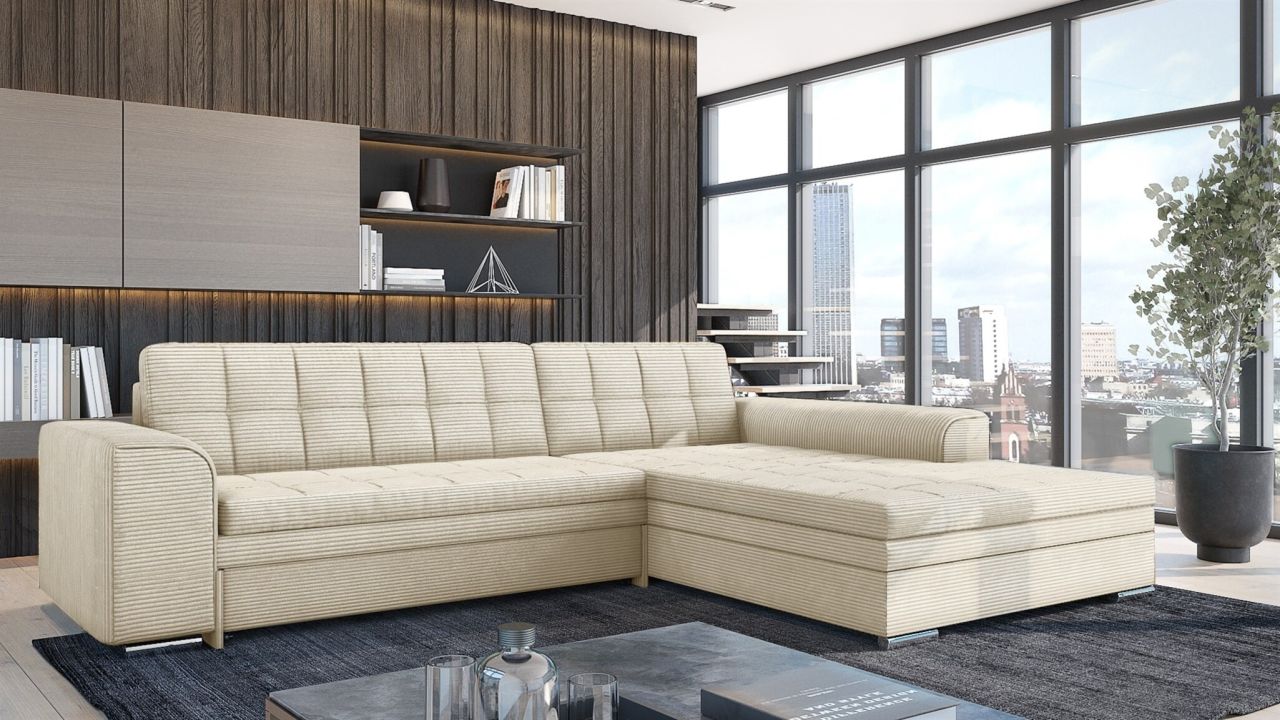 Ecksofa Schlafsofa Sofa LUSAKA in Stoff Lincoln Creme Ottomane Rechts