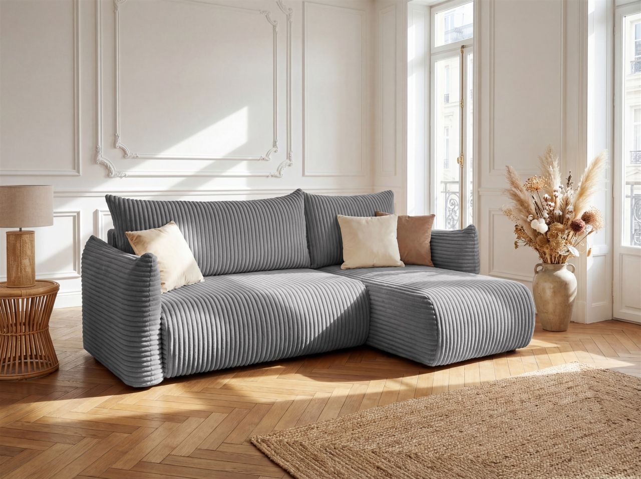 Ecksofa Schlafsofa MAILAND XS in Stoff Tilia Dunkelgrau Ottomane Rechts