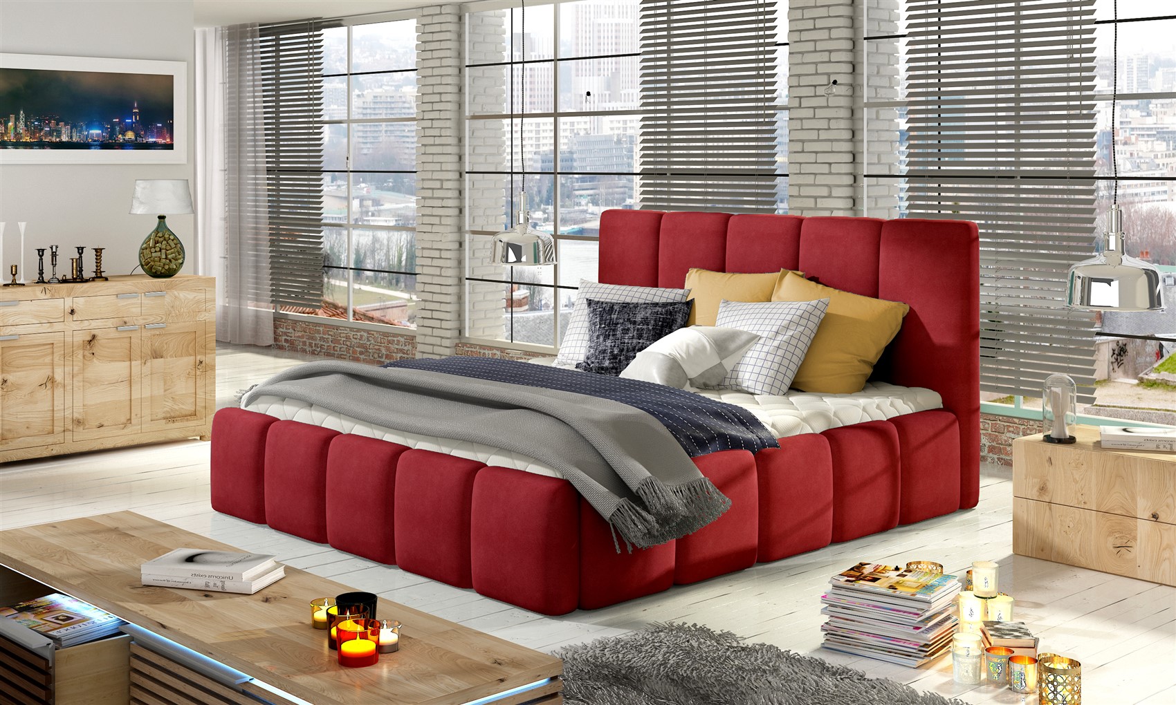 Polsterbett Doppelbett VERONA Set 1 Polyesterstoff Rot 140x200cm ...