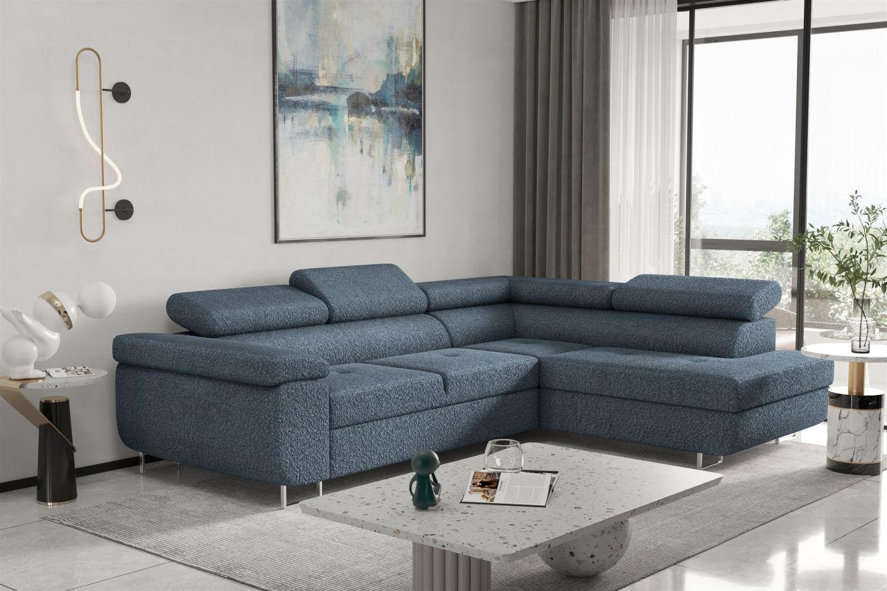 Couchgarnitur JADE Stoff Blau mit Schlaffunktion Ottomane Rechts