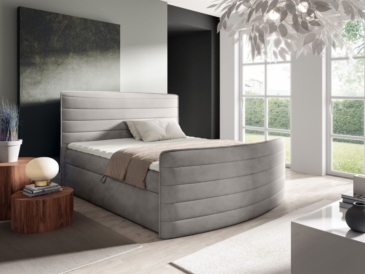 Boxspringbett Schlafzimmerbett AMBRA 140x200cm Stoff Elisa Velvet Hellgrau