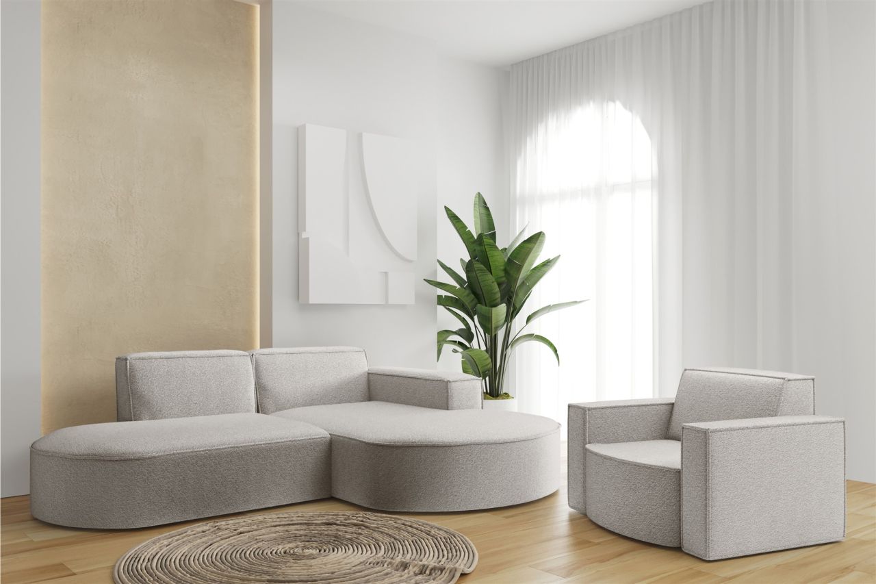 Sofa Set 2-teilig Sessel und Ecksofa PALMA XS Stoff Ascot Pearl Ottomane Rechts