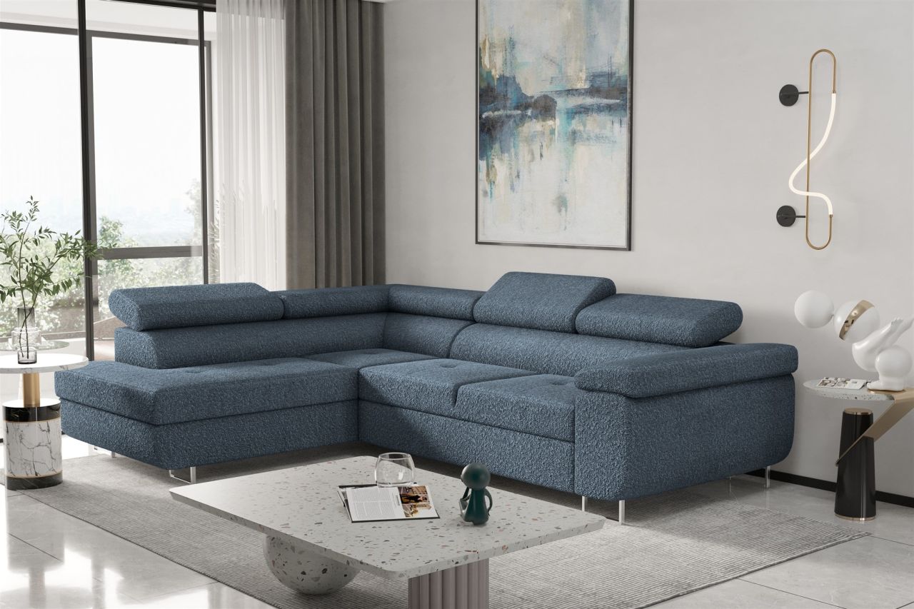 Ecksofa Sofa JADE Stoff Ascot Blau mit Schlaffunktion Ottomane Links