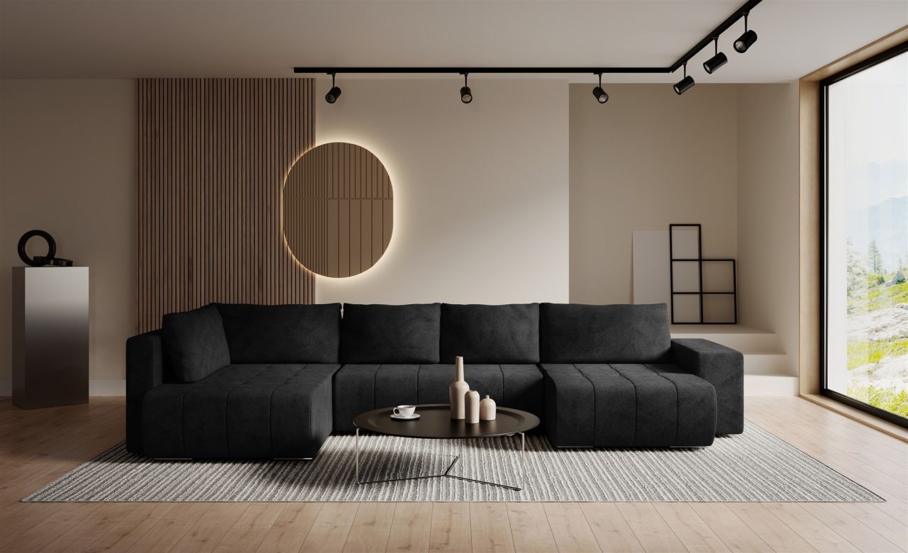 Wohnlandschaft Schlafsofa ARMANDA in Stoff Blur Schwarz langer Schenkel Links