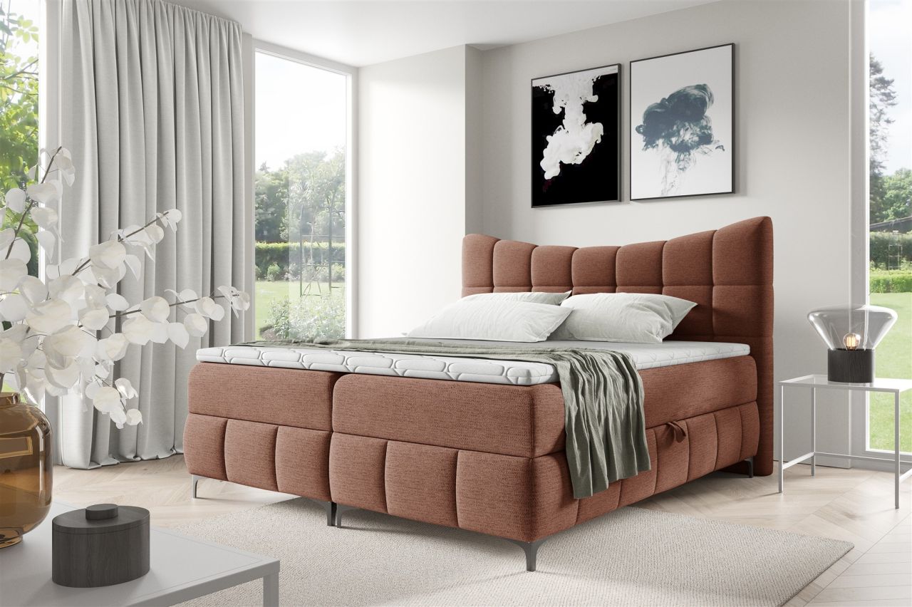 Boxspringbett Schlafzimmerbett CHARLES 140x200cm Stoff Aragon Rostbraun