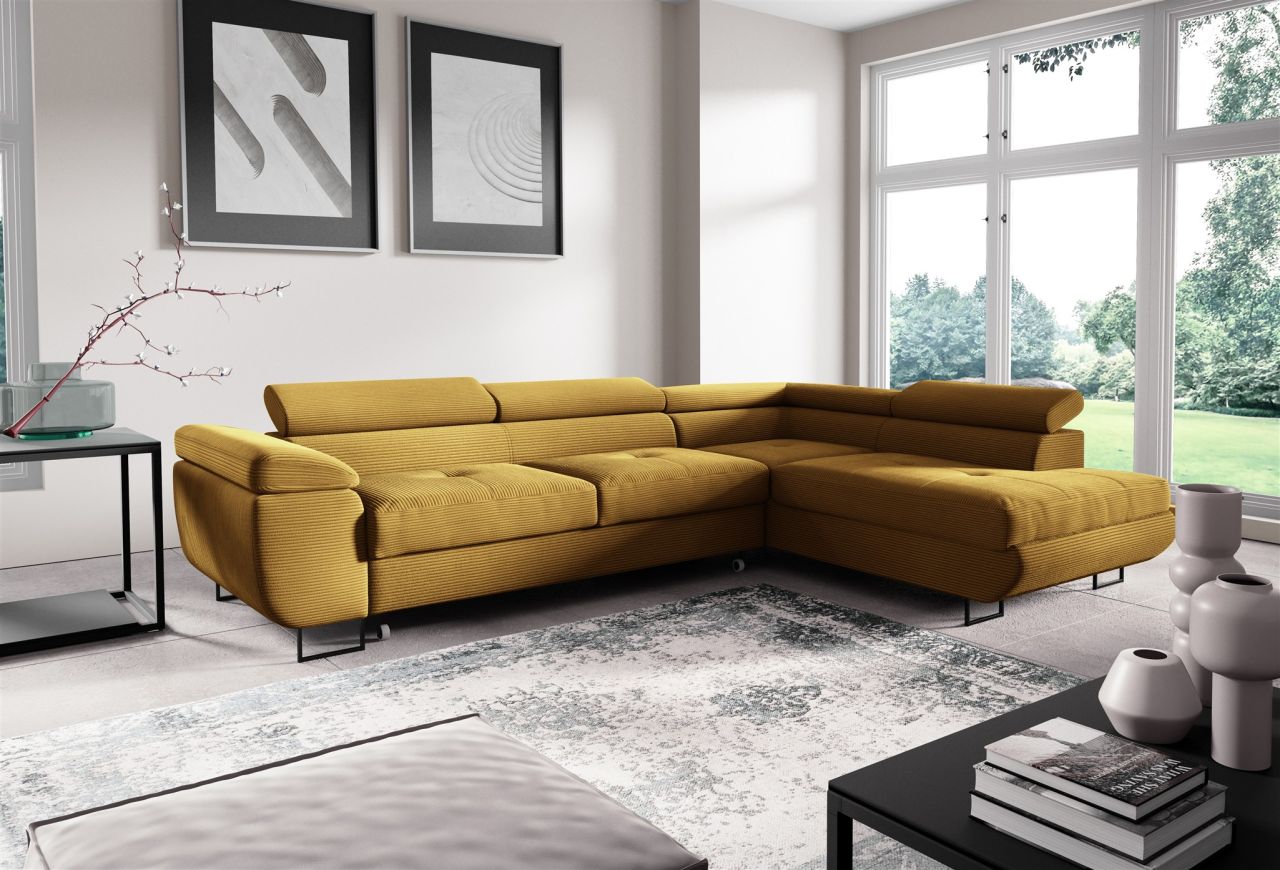 Ecksofa mit Schlaffunktion DECLAN Stoff Poso Honiggelb Ottomane Rechts