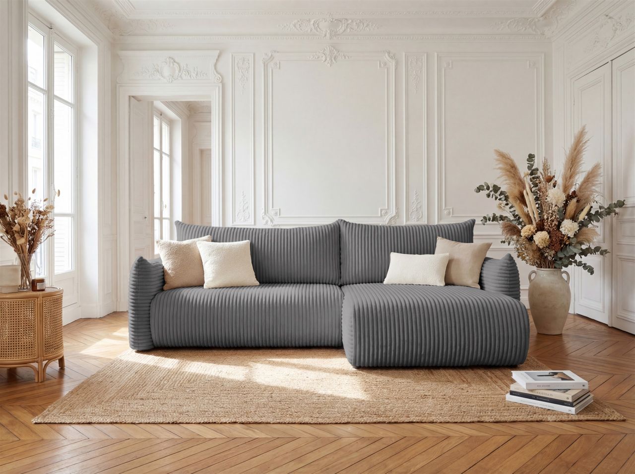 Ecksofa Schlafsofa MAILAND in Stoff Tilia Dunkelgrau Ottomane Rechts