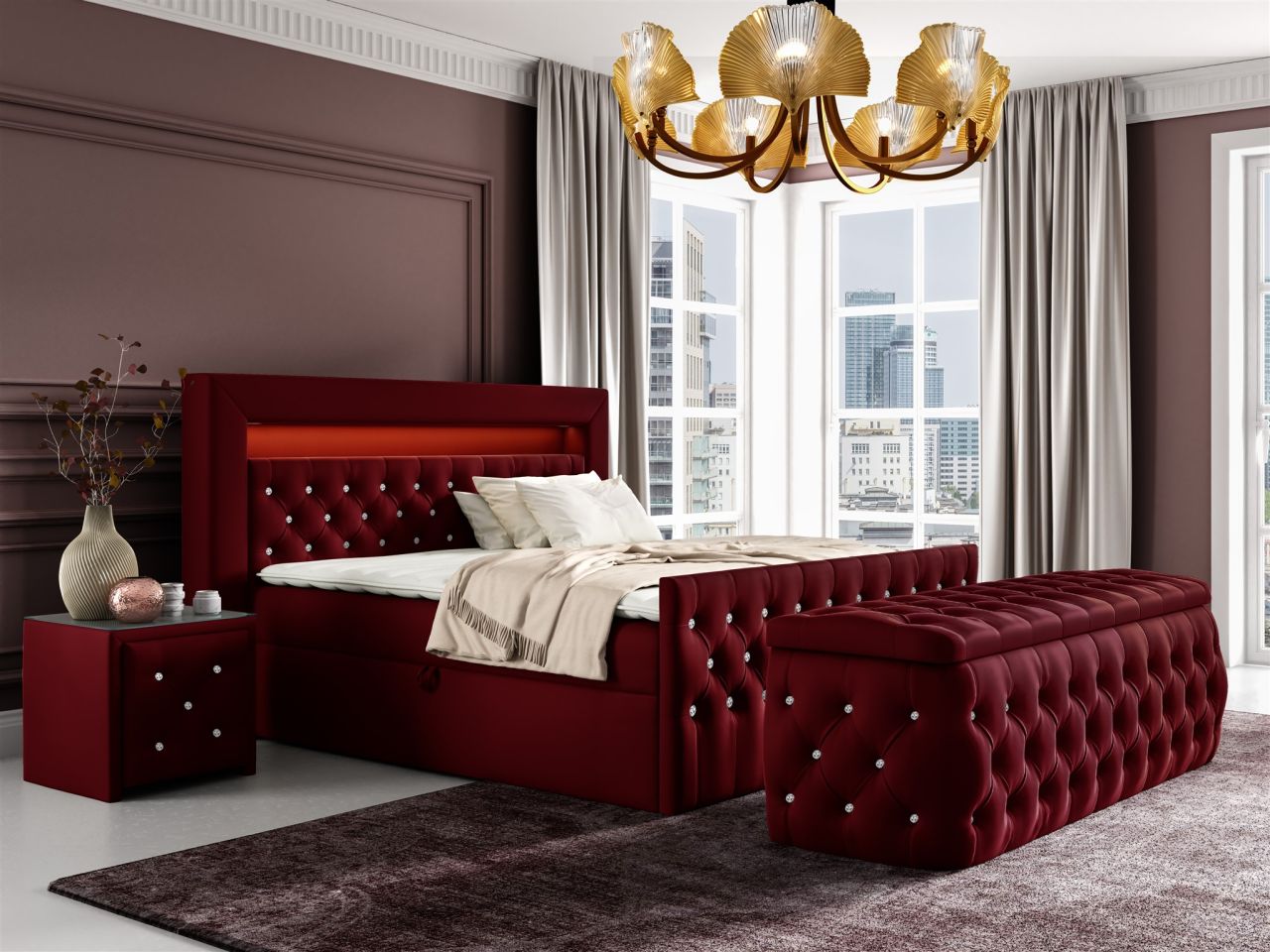 Boxspringbett Schlafzimmerbett SEVRA Nr.4 120x200cm in Elisa Velvet Bordeauxrot