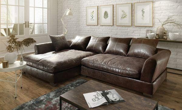 Couchgarnitur TIZIAN L-Form Wildlederoptik- Dunkelbraun/Ottomane Links
