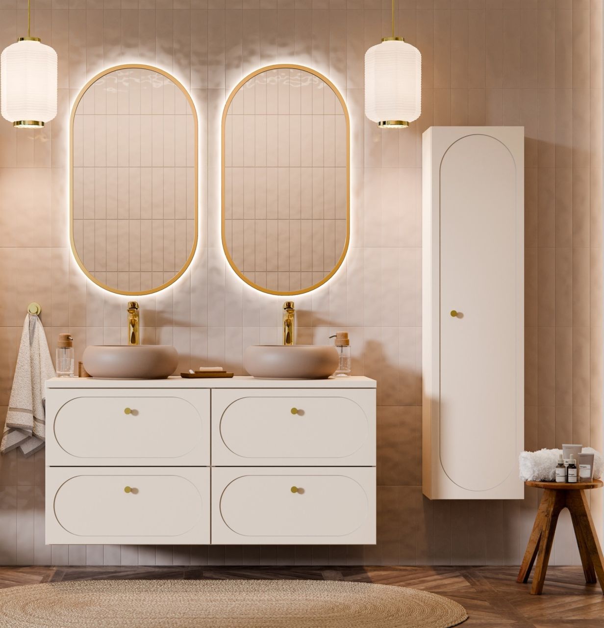 Badmöbel Set 5-tlg Badezimmerset KONA Cashmere Sand Beige Schrank Rechts ohne...