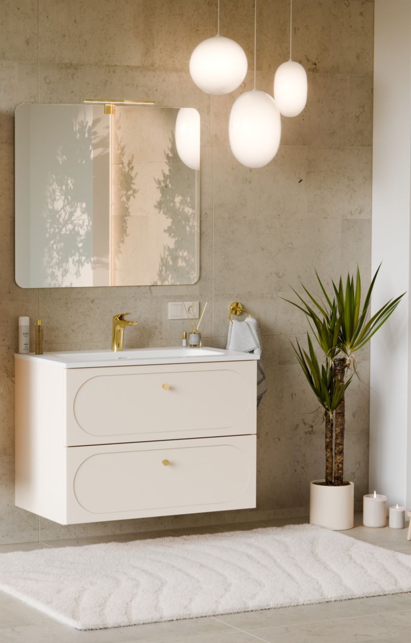 Badmöbel Set 2-tlg Badezimmerset KONA Cashmere Sand Beige Spiegel 80cm inkl. ...