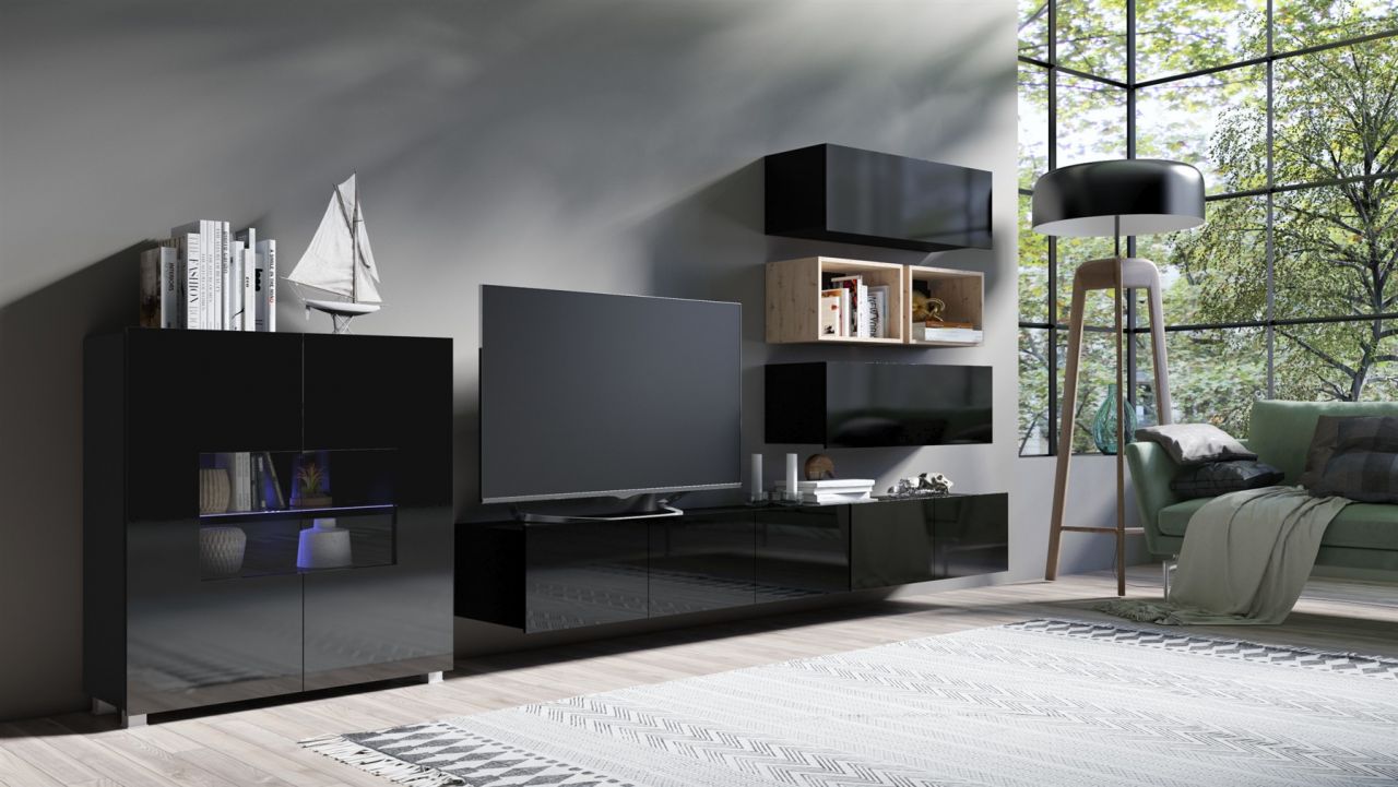 Mediawand Wohnwand 7 tlg - KAVOS 11 - Schwarz Hochglanz inkl.LED