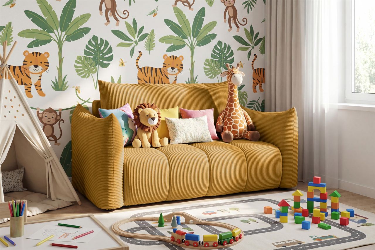 Sofa 2er-Sitzer mit Liegefunktion ONTARIO in Stoff Poso Senfgelb