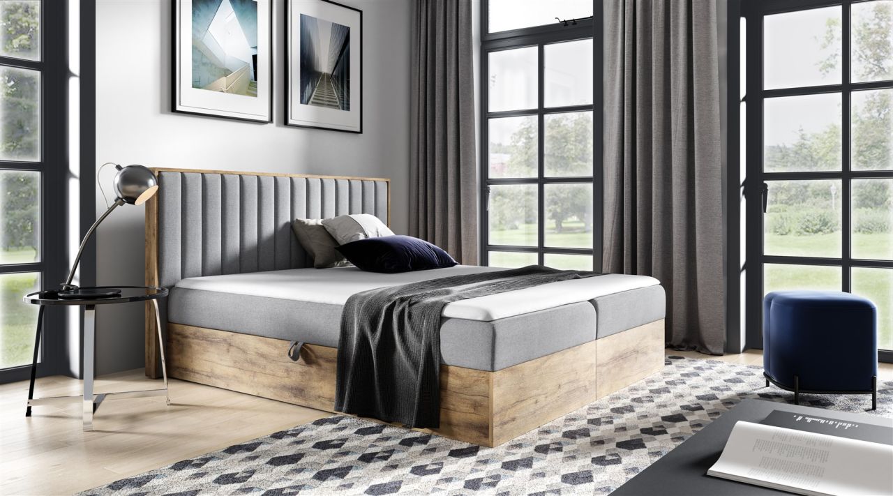 Boxspringbett Schlafzimmerbett MARCOS 140x200cm Stoff Grau inkl. Bettkasten