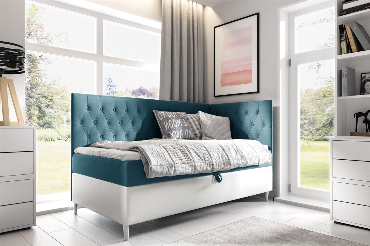 Boxspringbett Gästebett Kinderbett FINJA Nr.3 90x200cm Weiss-Türkis Seite Rechts