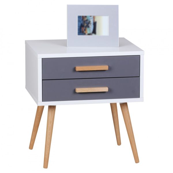 Nachtkommode Nachttisch - LYKKA - Zwei Schubladen in Weiss/ Grau