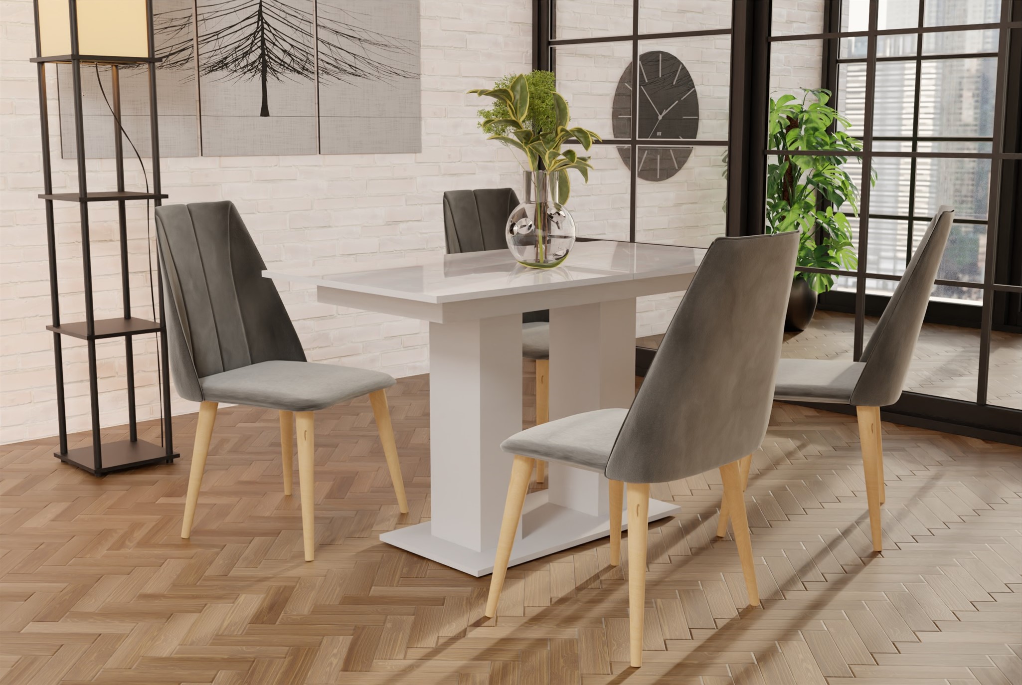 Essgruppe Weiss HGL-Tisch mit 4 Grau CAROS Stühlen für Esszimmer oder Küche | Esstisch mit Stühlen | Essgruppen | Wohn-& Essbereich