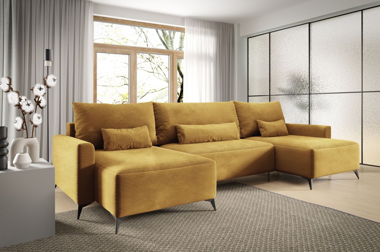Wohnlandschaft mit Schlaffunktion SILVES Sofa U-Form Stoff Poso Honiggelb