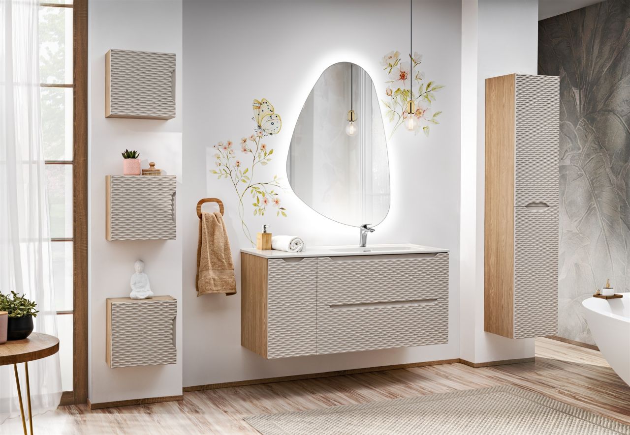 Badmöbel Set 7-tlg Badezimmerset LAXY Eiche Beige Regal links inkl. Waschtisch