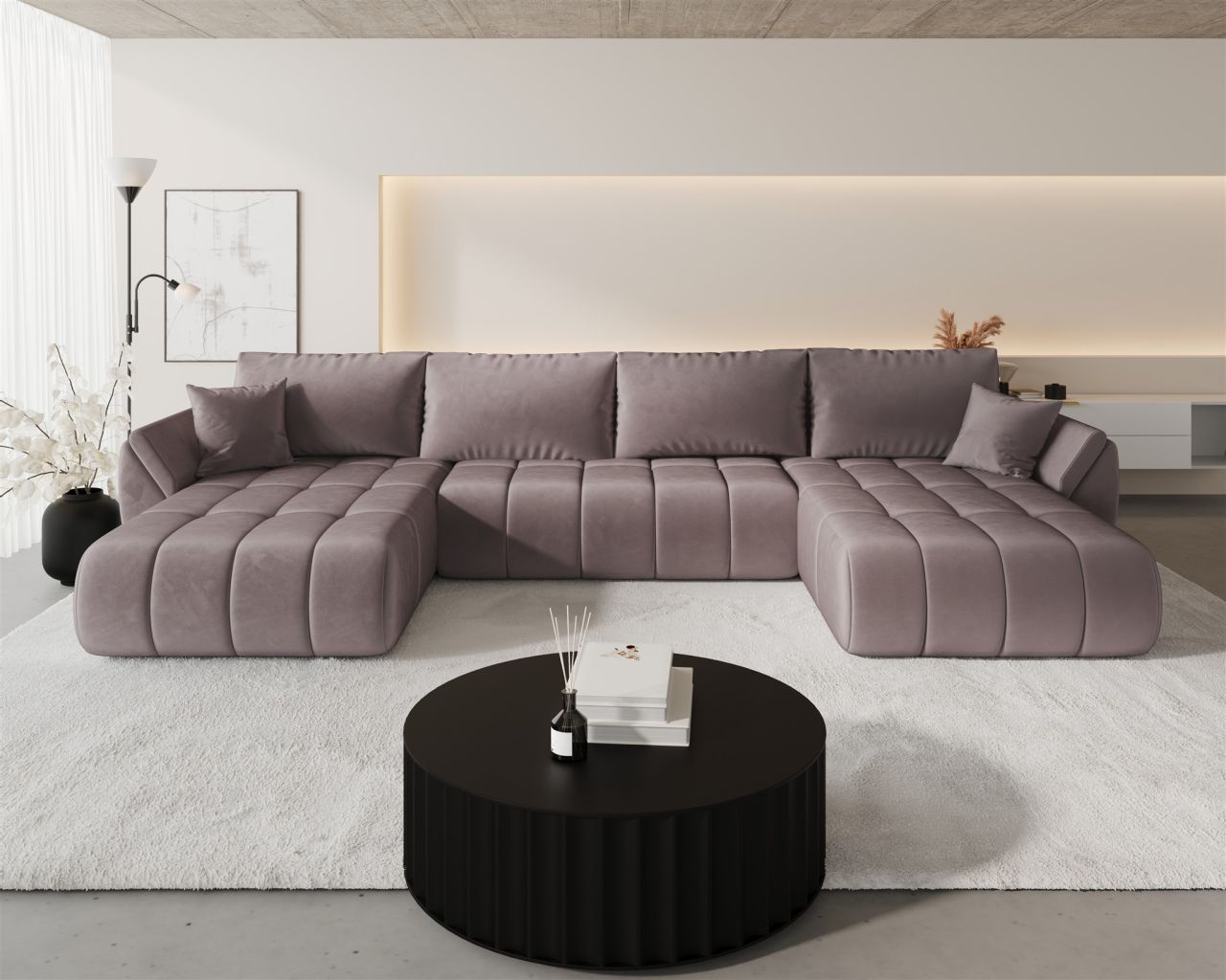 Wohnlandschaft Sofa mit Schlaffunktion MISATO Stoff Monolith Flieder