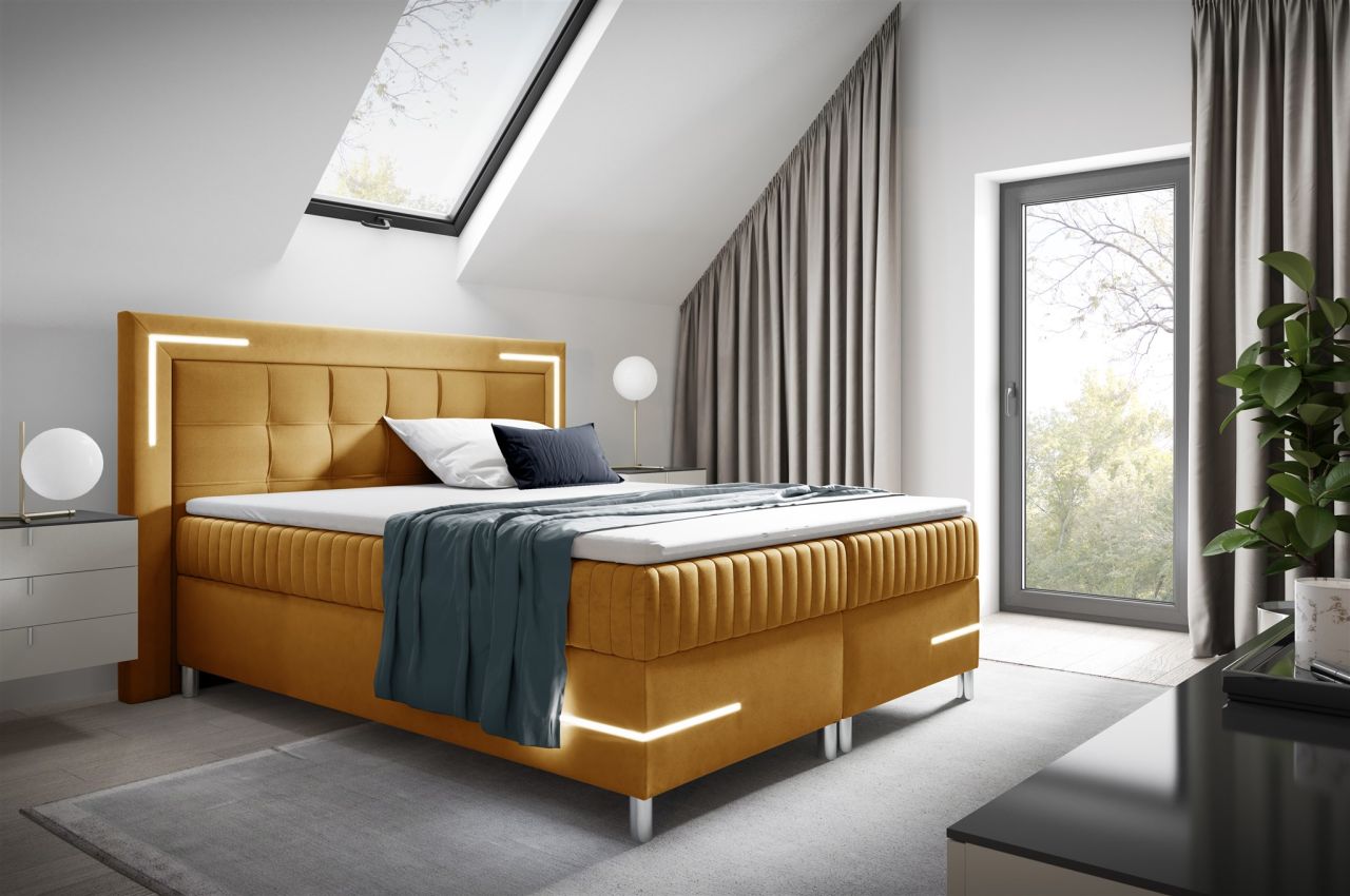 Boxspringbett Schlafzimmerbett 160x200cm AMORE Nr.2 Gelb inkl. LED-Beleuchtung