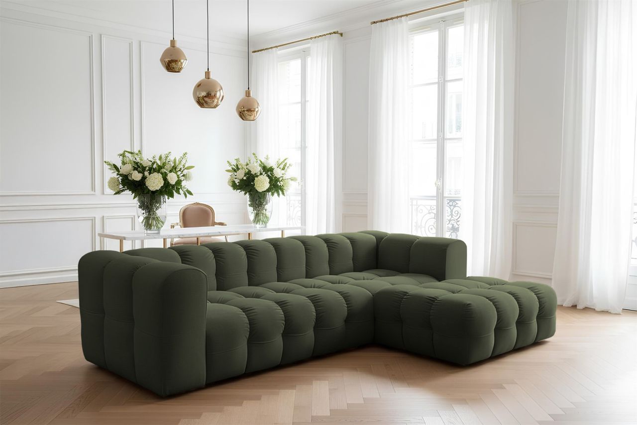 Ecksofa ersofa SOLVIE in Stoff Tiffani Grün Ottomane Rechts