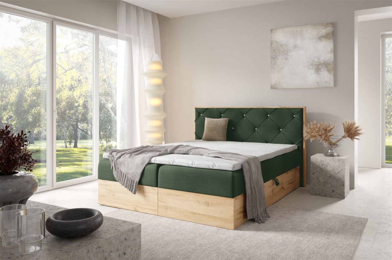 Boxspringbett Schlafzimmerbett HELIOS 120x220cm in Stoff Rouge Dunkelgrün