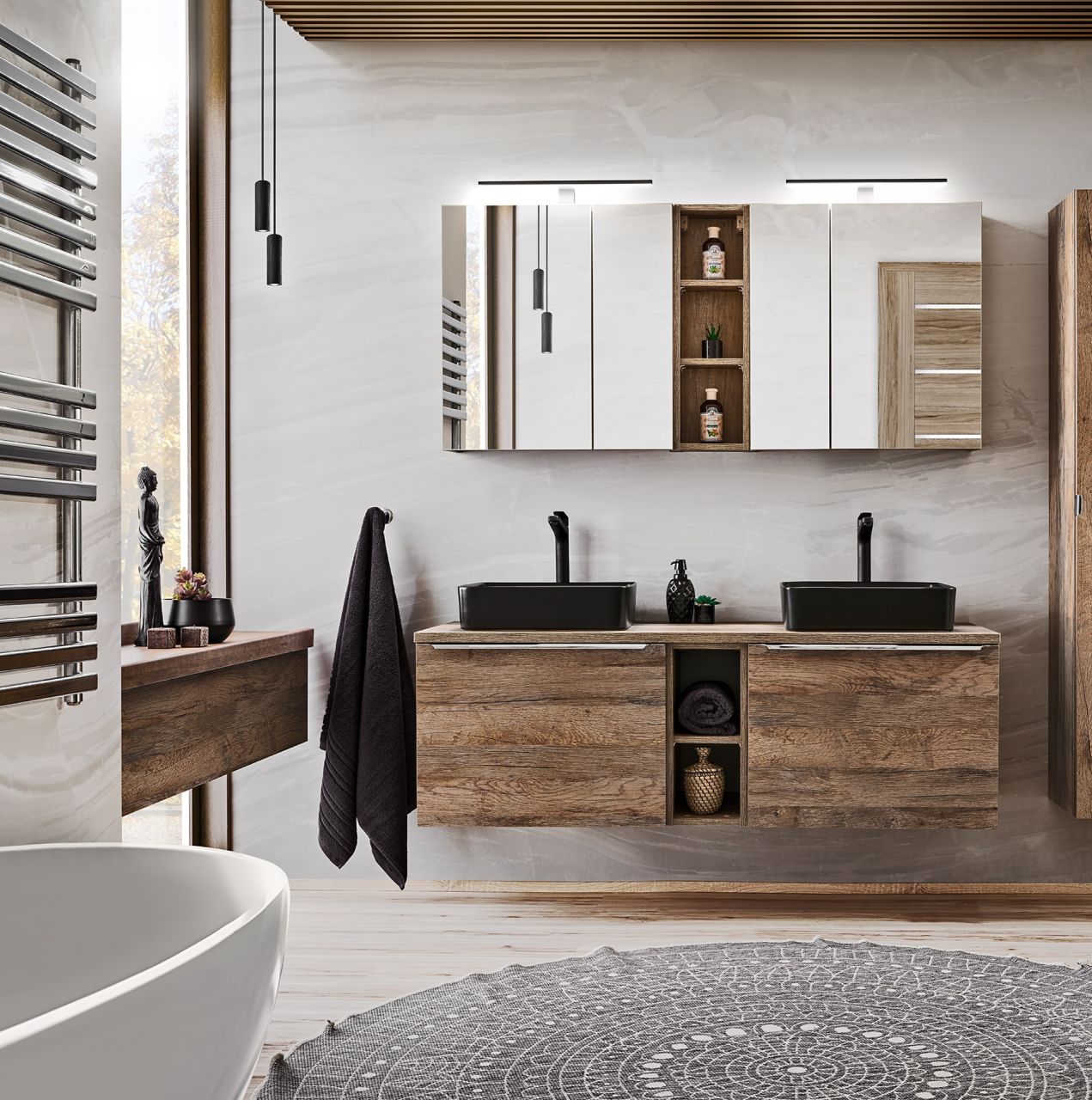 Badmöbel Set 6-tlg Badezimmerset AKAN Vintage Eiche Variante A ohne Waschtisch