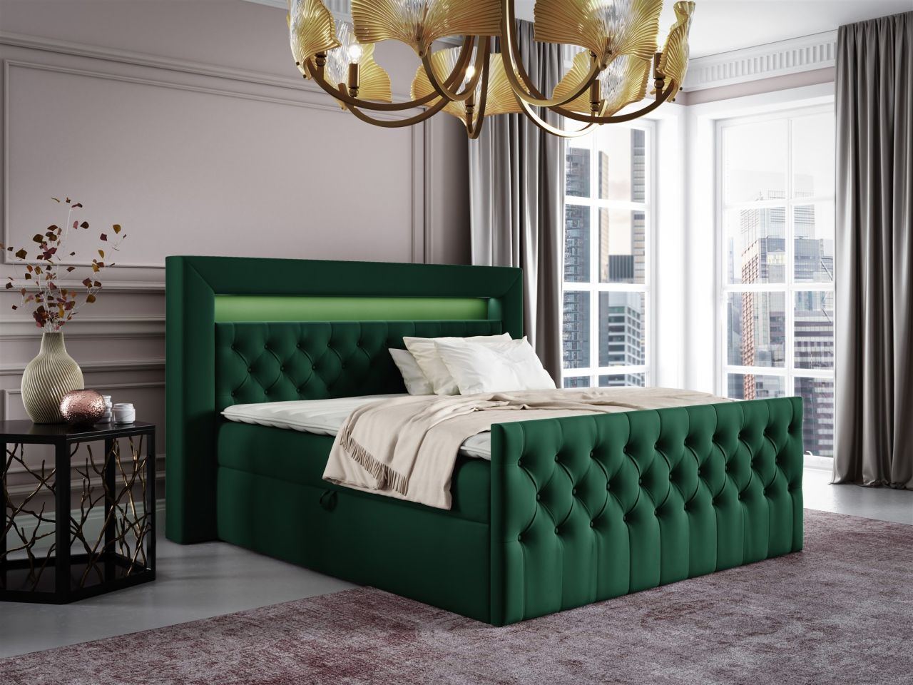 Boxspringbett Schlafzimmerbett ERNESTO Nr.1 160x200cm in Elisa Velvet Dunkelgrün