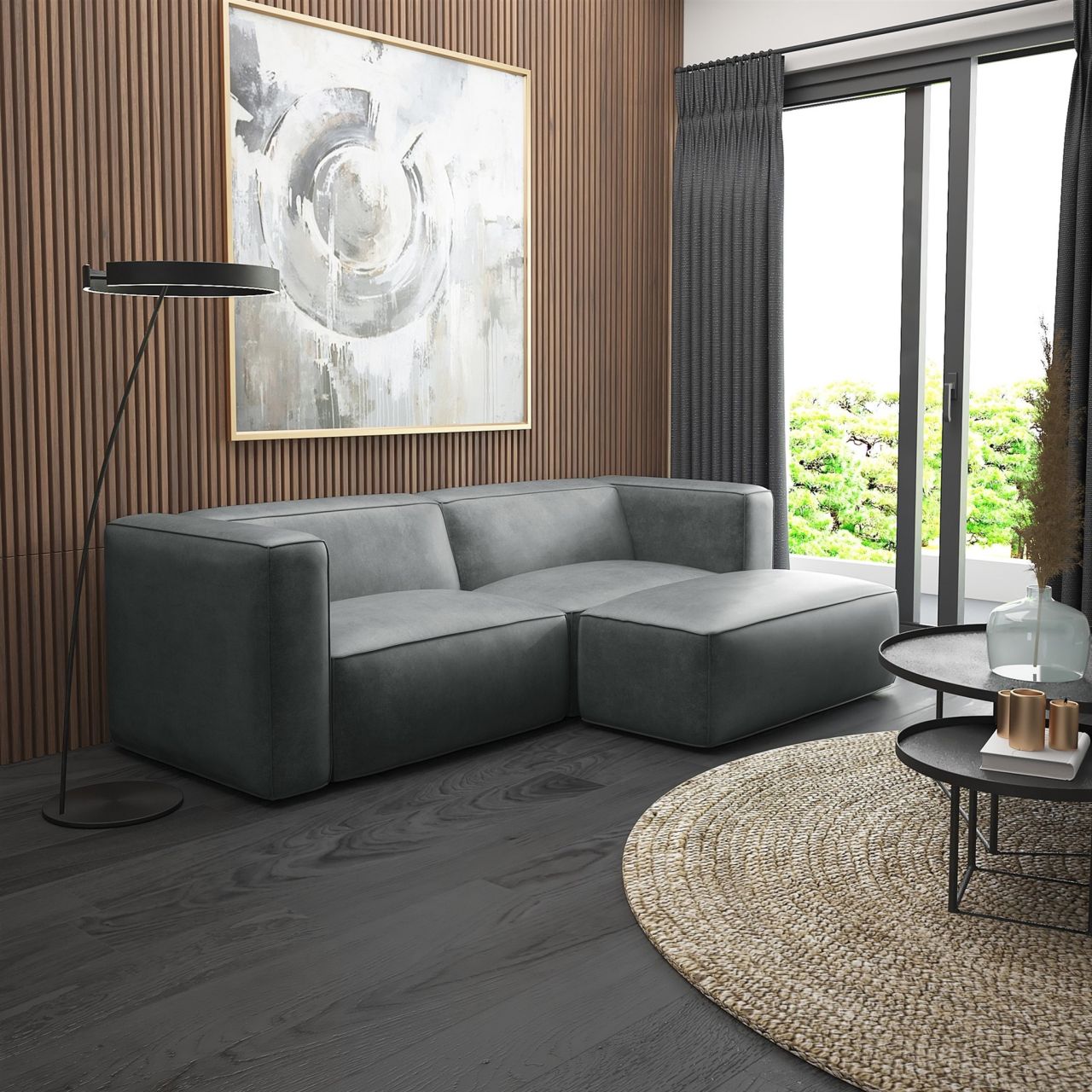 Ecksofa ersofa Sofa HELMER XS in Stoff Pola Dunkelgrau Ottomane Rechts