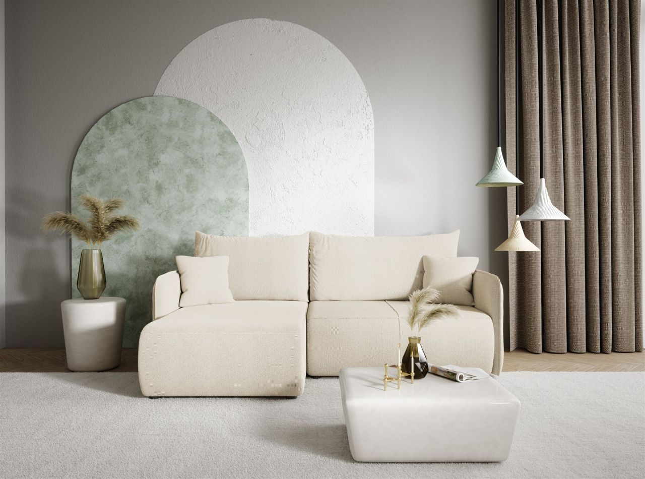 Ecksofa Sofa mit Schlaffunktion CALGARY Stoff Curio Creme Ottomane Links